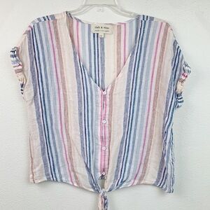 Anthropologie Cloth & Stone beachy stripe linen tie waist cropped shirt EUC